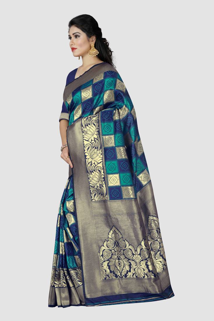 Women's Silk Blend Blue Woven Design Designer Saree With Blouse Piece