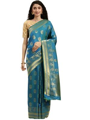 blue woven silk saree with blouse 1