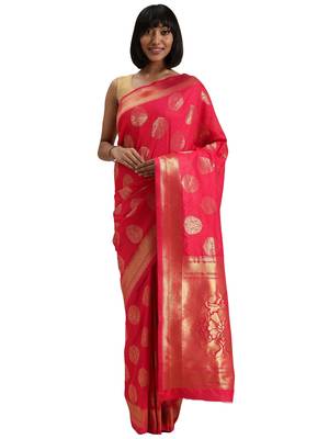 pink woven  silk saree with blouse 1