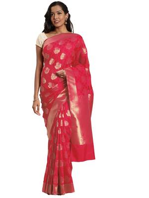 pink woven silk saree with blouse 1