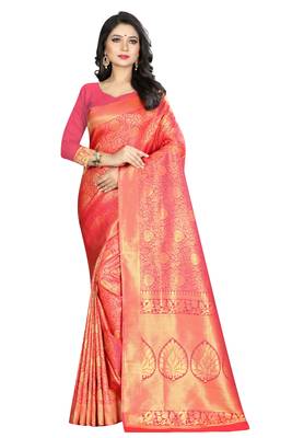 pink woven silk saree with blouse 1