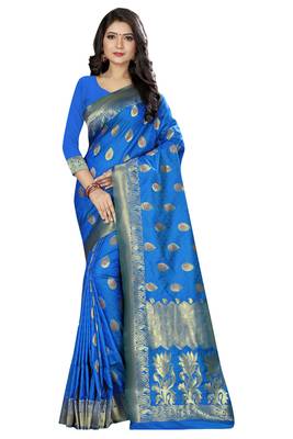 blue woven silk saree with blouse 1