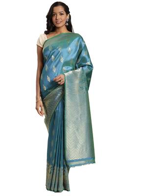 blue woven silk saree with blouse 1