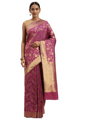 pink woven  silk saree with blouse 1