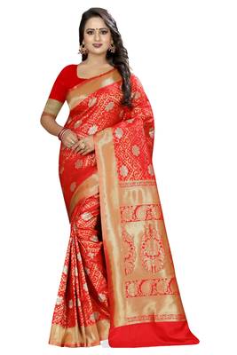 red woven silk saree with blouse 1