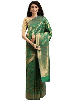green woven silk saree with blouse 1