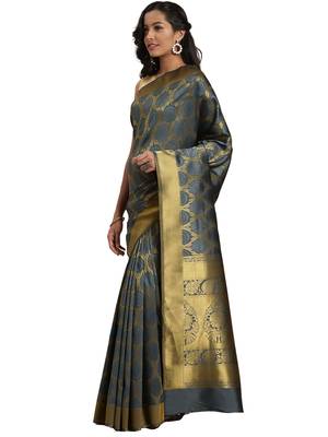 grey woven silk saree with blouse 1