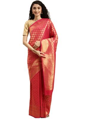 pink woven silk saree with blouse 1