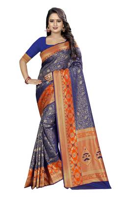 blue woven silk saree with blouse 1