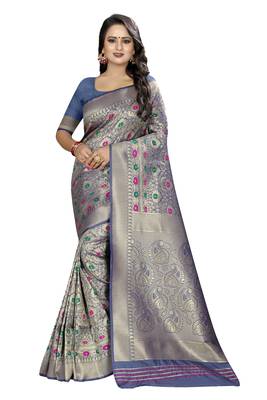 blue woven silk saree with blouse 1