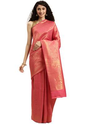 pink woven silk saree with blouse 1