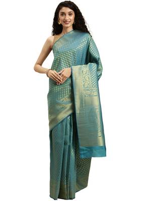 green woven  silk saree with blouse 1