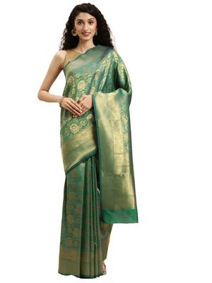 green woven  silk saree with blouse 1
