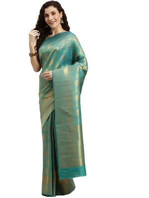 green woven silk saree with blouse 1