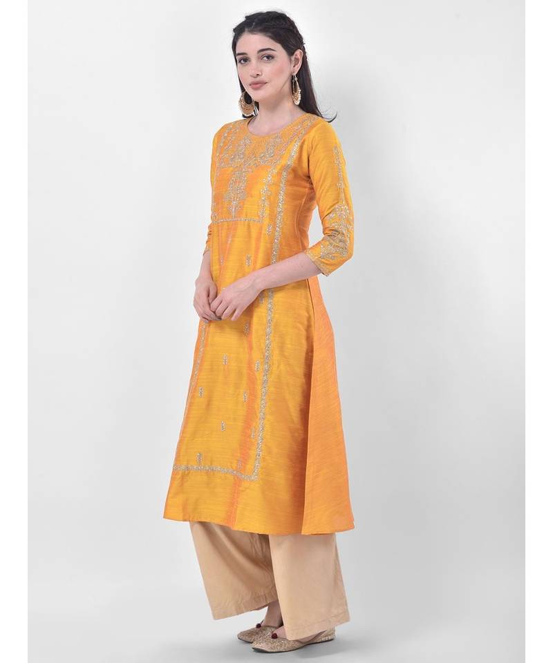 Women'S Yellow & Beige Ethnic Print A-Line Kurta main image 0