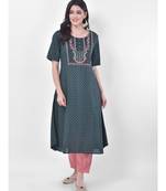Green Printed A-line Kurta