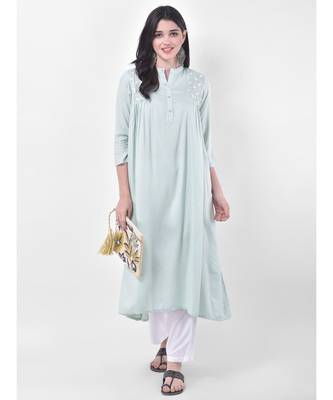 Light Green Embroidered A-line Kurta 4