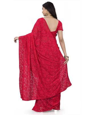 Red woven net saree with blouse 2