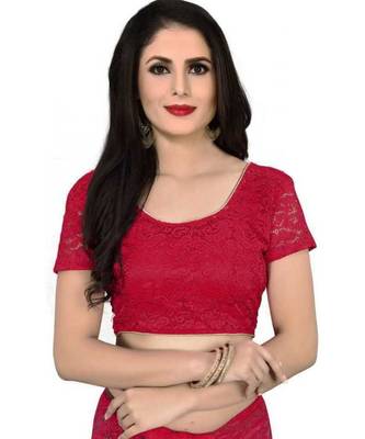 Red woven net saree with blouse 4