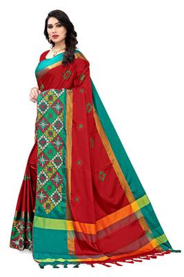 Red embroidered cotton silk saree with blouse 3