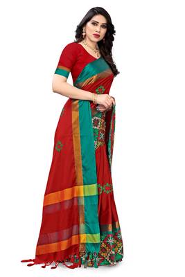 Red embroidered cotton silk saree with blouse 4