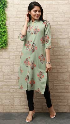 Green Discharge Printed Cotton Blend Front Slit Straight Kurti 1