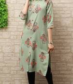 Green Discharge Printed Cotton Blend Front Slit Straight Kurti
