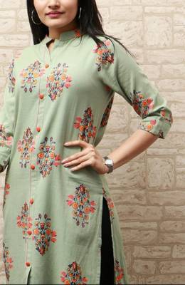 Green Discharge Printed Cotton Blend Front Slit Straight Kurti 2