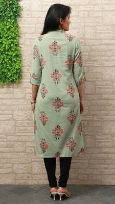 Green Discharge Printed Cotton Blend Front Slit Straight Kurti 3