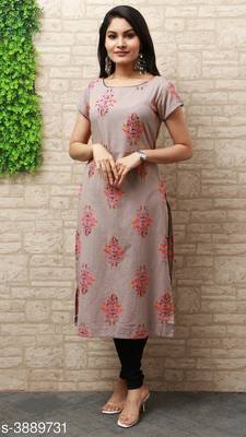 Grey Discharge Printed Cotton Blend beads work Straight Kurti 1