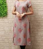 Grey Discharge Printed Cotton Blend beads work Straight Kurti