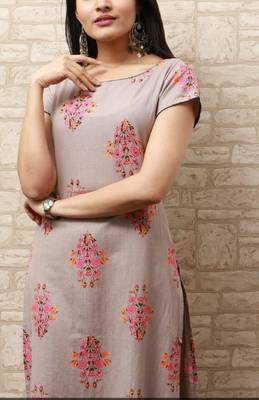 Grey Discharge Printed Cotton Blend beads work Straight Kurti 2