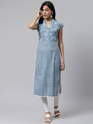 Sky-blue printed cotton cotton-kurtis 1