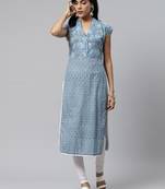 Sky-blue printed cotton cotton-kurtis