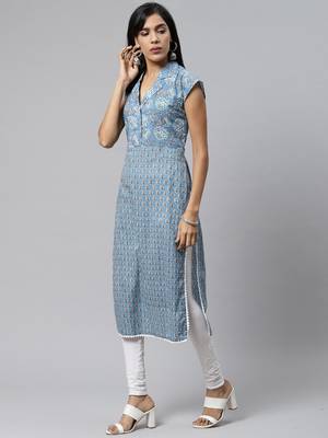 Sky-blue printed cotton cotton-kurtis 2