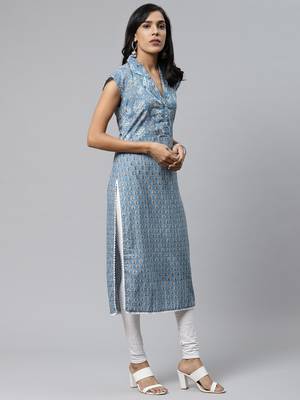 Sky-blue printed cotton cotton-kurtis 3