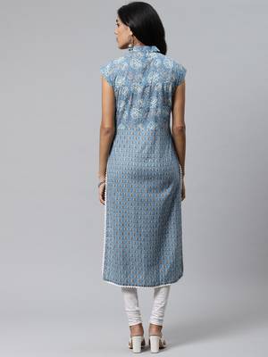 Sky-blue printed cotton cotton-kurtis 4
