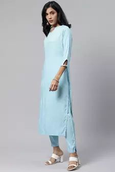 Sky blue printed cotton cotton kurtis