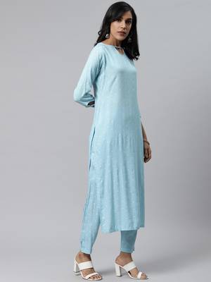 Sky blue printed cotton cotton kurtis 3