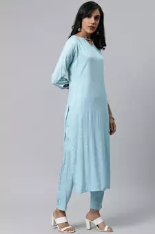 Sky blue printed cotton cotton kurtis