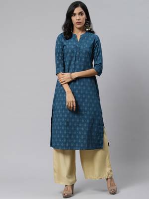 Teal-blue printed cotton cotton-kurtis 1