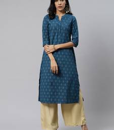Teal-blue printed cotton cotton-kurtis