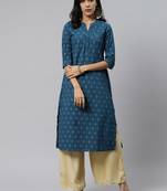 Teal-blue printed cotton cotton-kurtis
