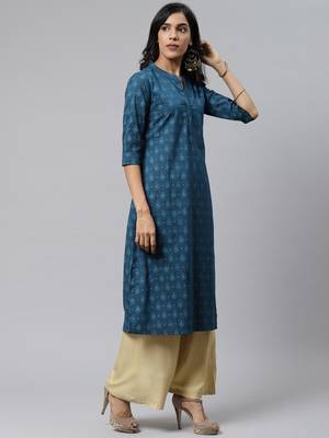 Teal-blue printed cotton cotton-kurtis 2