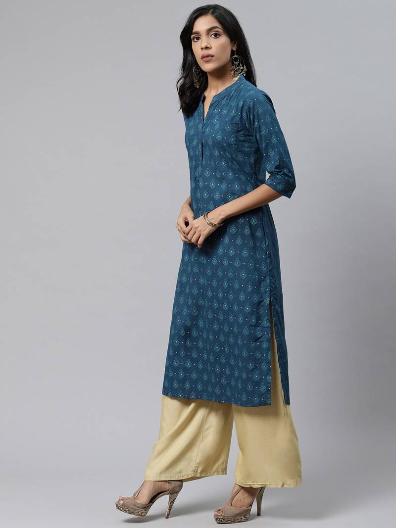 Teal-blue printed cotton cotton-kurtis