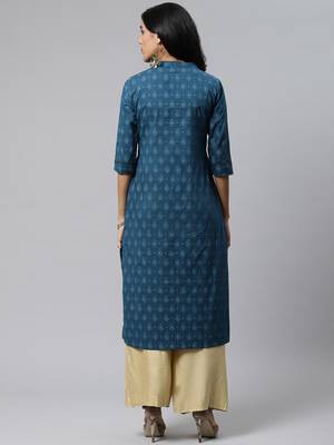 Teal-blue printed cotton cotton-kurtis 4