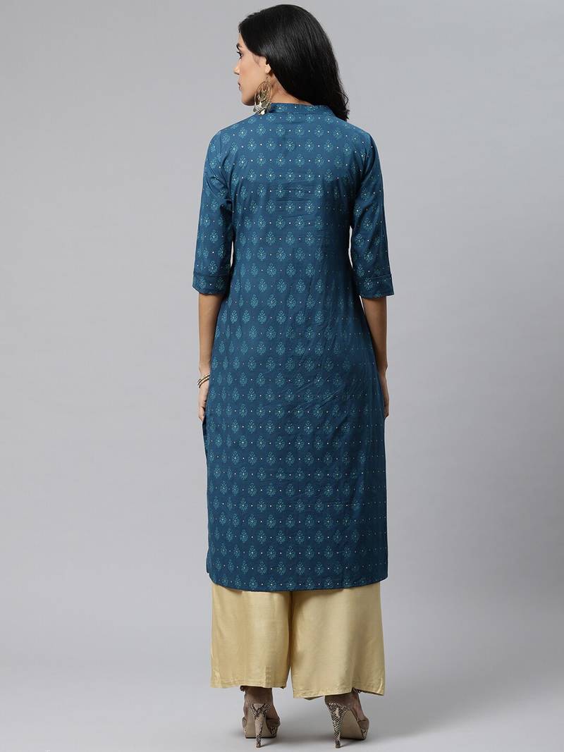 Teal-blue printed cotton cotton-kurtis