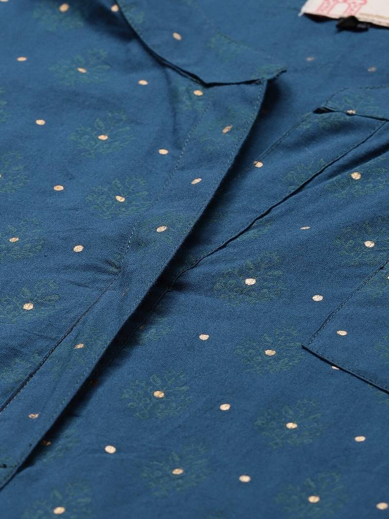 Teal-blue printed cotton cotton-kurtis