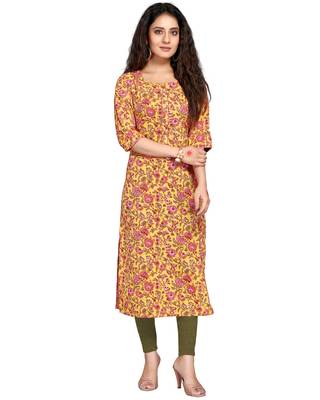 Yellow printed cotton ethnic-kurtis 2