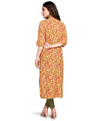 Yellow printed cotton ethnic-kurtis 3